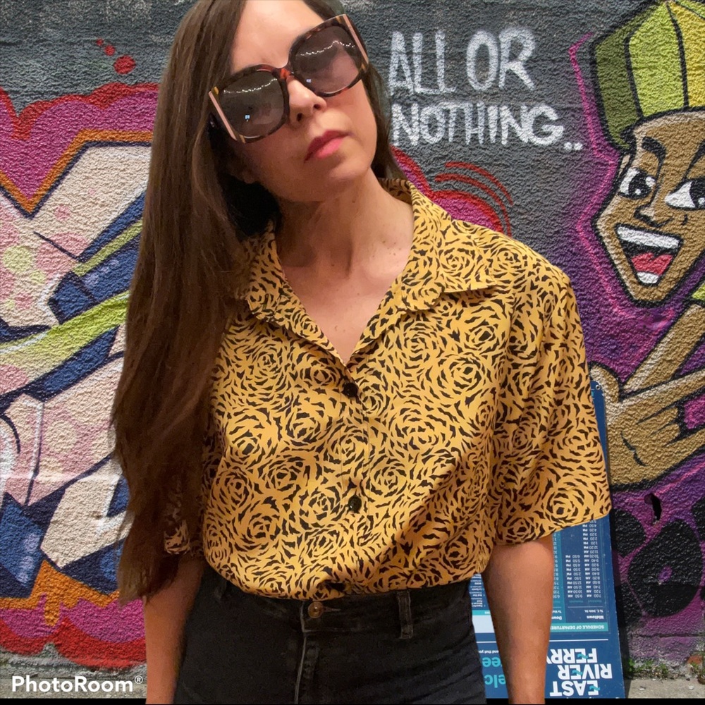 Vintage / Yellow and Black / Rosette / Abstract / Graphic / Party Blouse